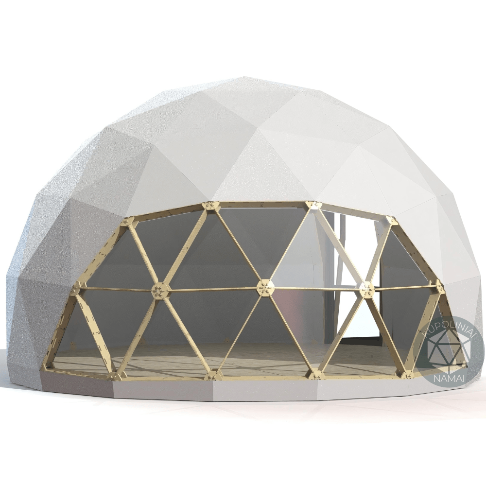 glamping kupolo eksterjeras. Fasadas padengtas su tvirta ir ilgaamže pvc danga.